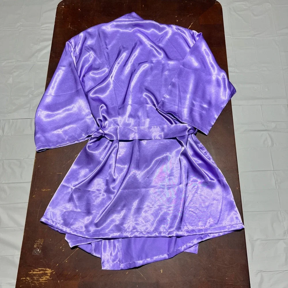 iCollection Purple Satin Kimono Robe Plus Size 1X/2X Short Tie Waist 7893X Mens